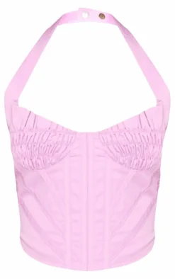 Lilac Woven Ruched Bust Boned Halter Neck Crop Top