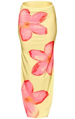 PrettyLittleThing Flower Print Stretch Satin Low Rise Maxi Skirt Lime