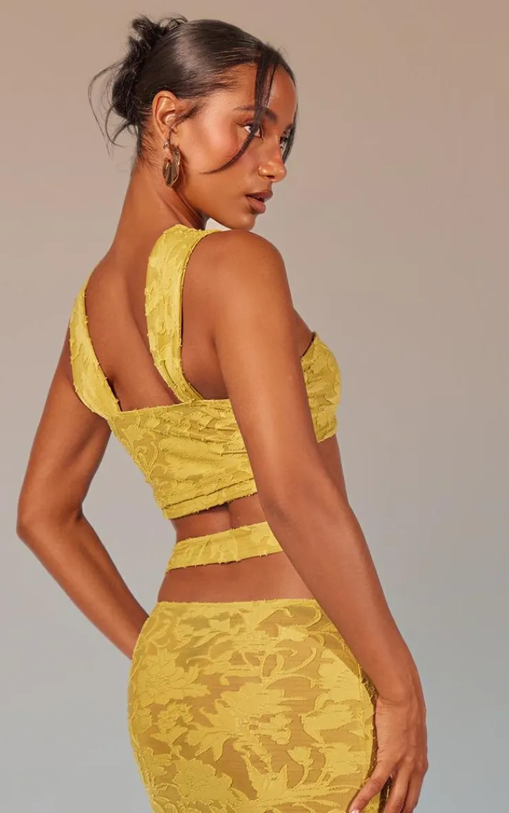 Discount PrettyLittleThing Floral Sheer Burnout Ring Detail Crop Top Lime Green