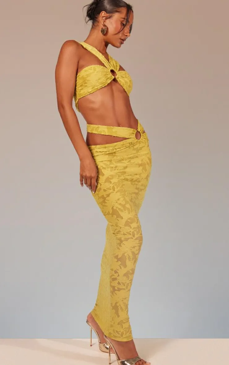 Discount PrettyLittleThing Floral Sheer Burnout Ring Detail Crop Top Lime Green