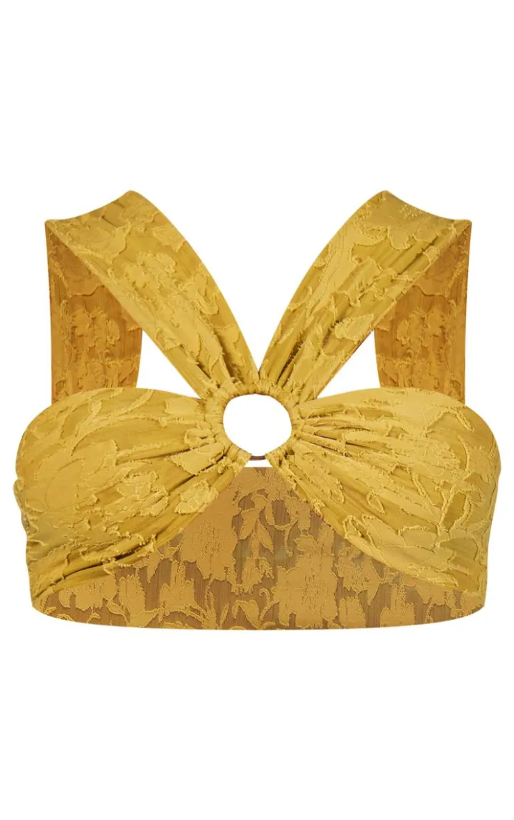 Discount PrettyLittleThing Floral Sheer Burnout Ring Detail Crop Top Lime Green