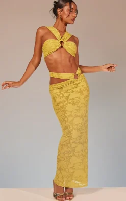 Sale PrettyLittleThing Floral Sheer Burnout Ring Detail Maxi Skirt Lime Green