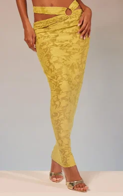 Sale PrettyLittleThing Floral Sheer Burnout Ring Detail Maxi Skirt Lime Green