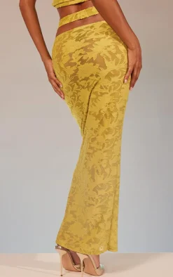 Sale PrettyLittleThing Floral Sheer Burnout Ring Detail Maxi Skirt Lime Green
