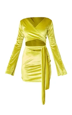 Velvet Wrap Around Long Sleeve Bodycon Dress-PrettyLittleThing Sale