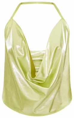 Online PrettyLittleThing Iridescent Cowl Halterneck Top Lime