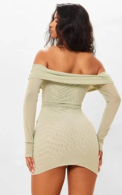 Mesh Ruched Off Bardot Mini Dress-PrettyLittleThing Online
