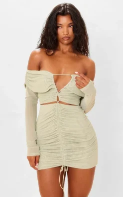 Mesh Ruched Off Bardot Mini Dress-PrettyLittleThing Online