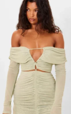 Mesh Ruched Off Bardot Mini Dress-PrettyLittleThing Online