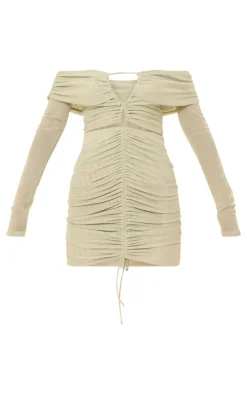Mesh Ruched Off Bardot Mini Dress-PrettyLittleThing Online