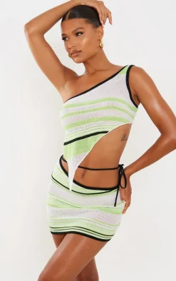 Online PrettyLittleThing One Shoulder Knit Asymmetric Hem Top Lime