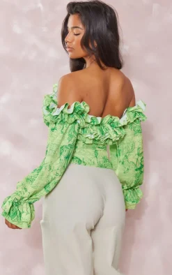 Renaissance Print Ruffle Hem Off Shoulder Long Sleeve Blouse-PrettyLittleThing Hot