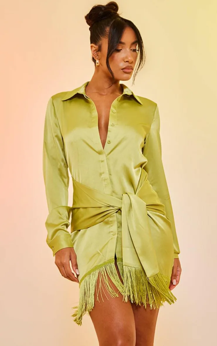 Satin Drape Detail Tassel Hem Shirt Dress-PrettyLittleThing Discount