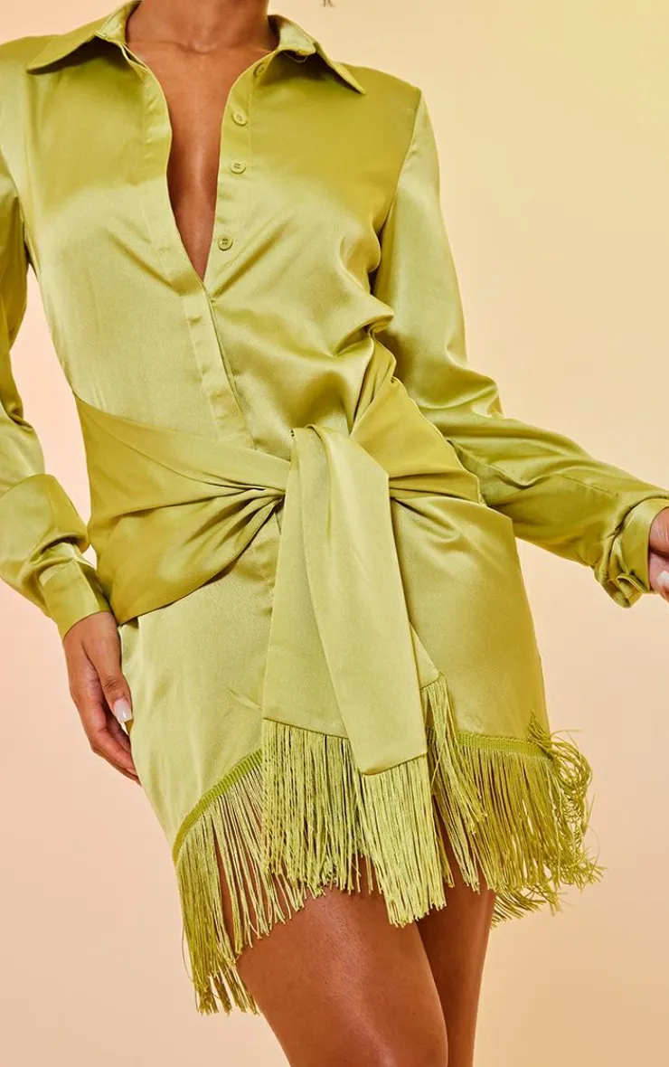 Satin Drape Detail Tassel Hem Shirt Dress-PrettyLittleThing Discount