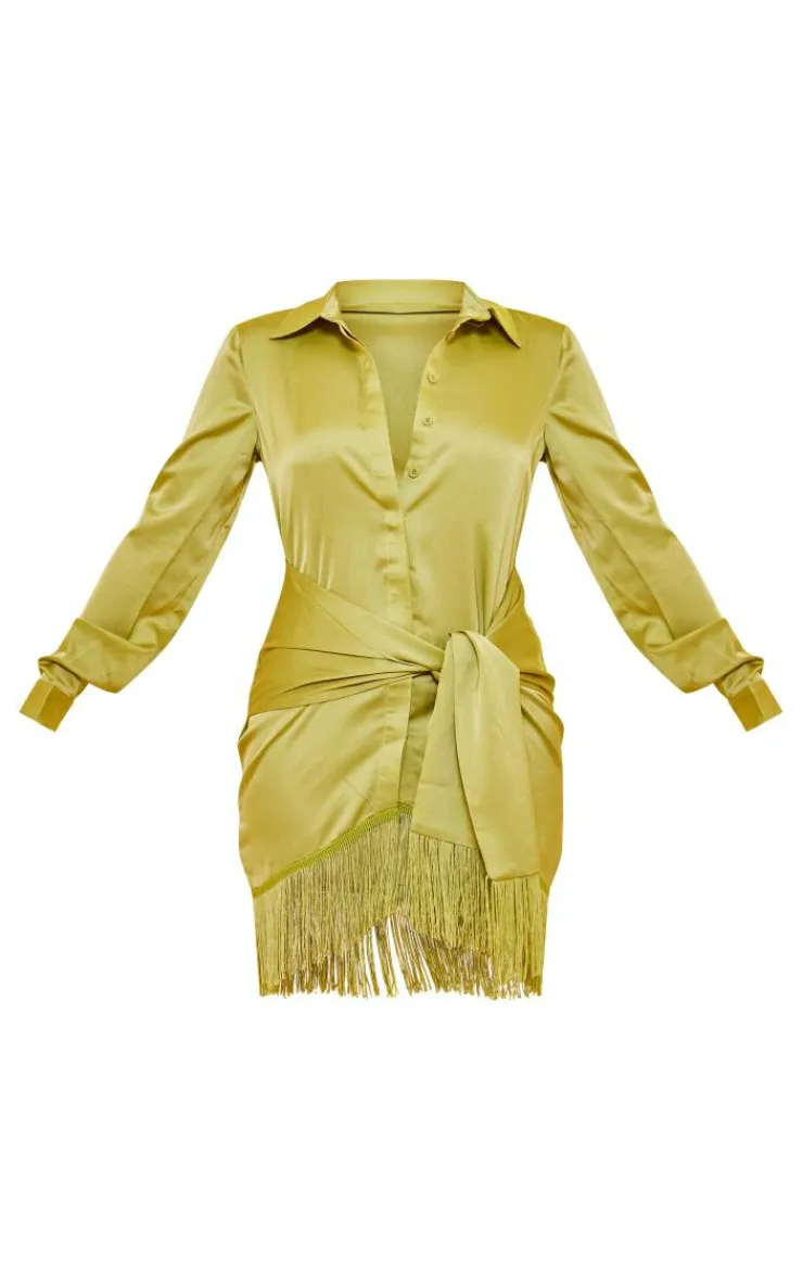 Satin Drape Detail Tassel Hem Shirt Dress-PrettyLittleThing Discount