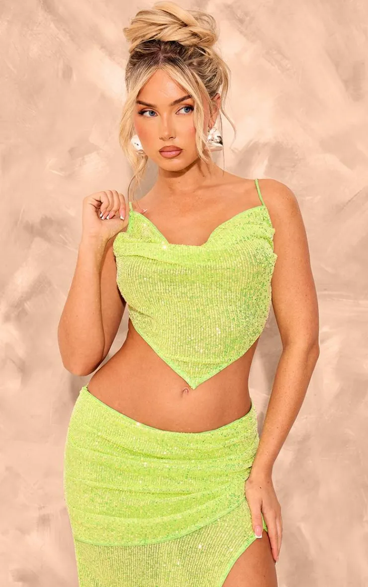 Outlet PrettyLittleThing Sequin Cowl Neck Asymmetric Top Lime