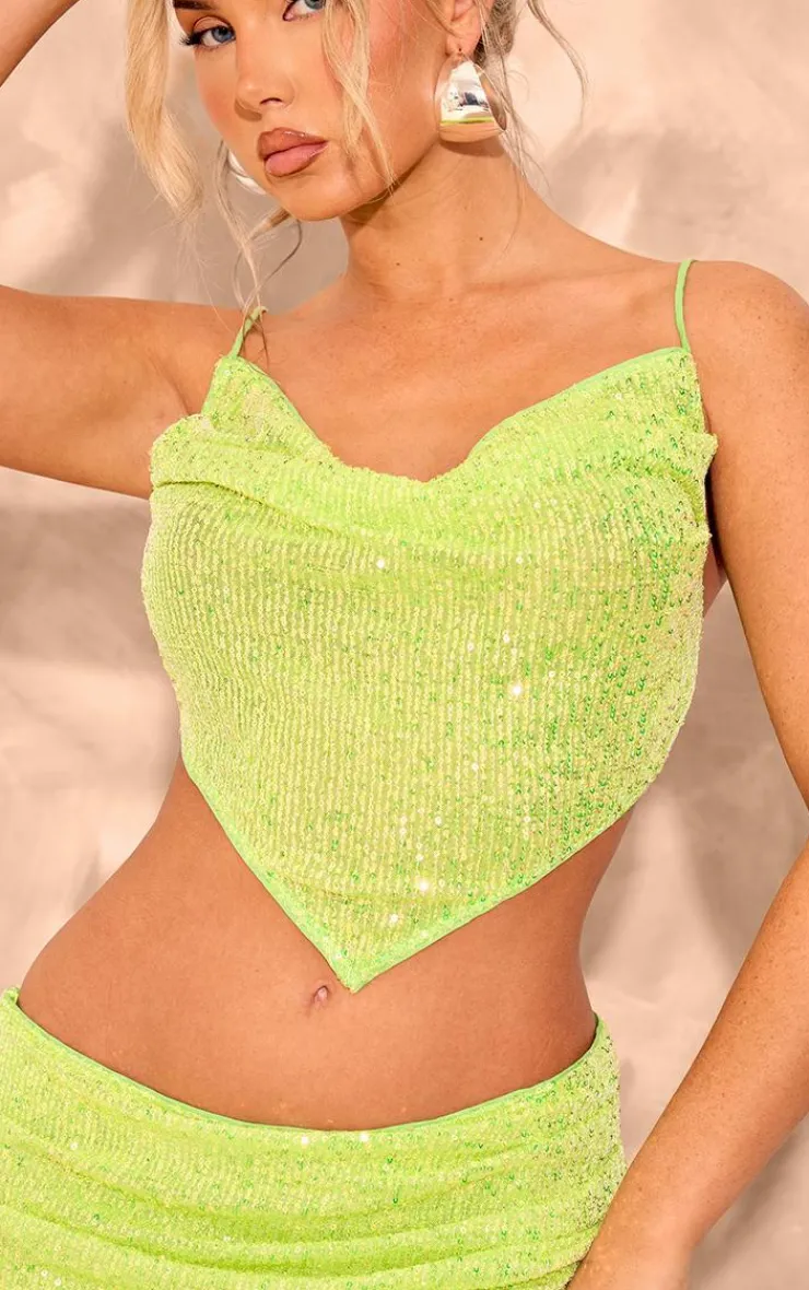 Outlet PrettyLittleThing Sequin Cowl Neck Asymmetric Top Lime