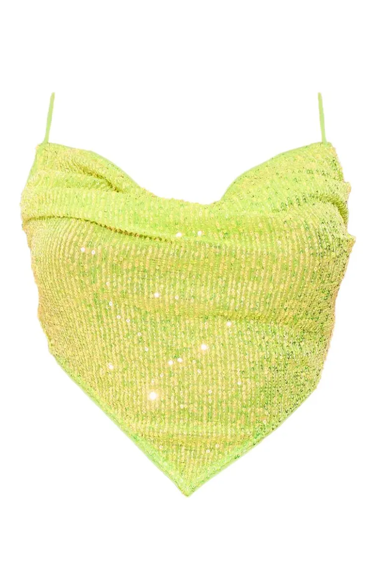 Outlet PrettyLittleThing Sequin Cowl Neck Asymmetric Top Lime