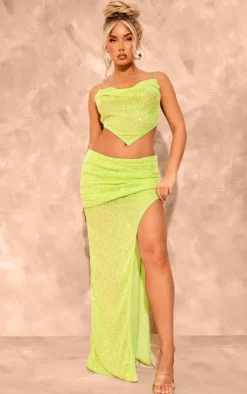 Online PrettyLittleThing Sequin Fold Over Split Leg Maxi Skirt Lime