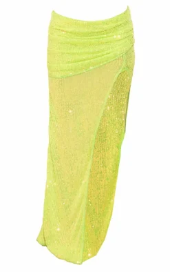 Online PrettyLittleThing Sequin Fold Over Split Leg Maxi Skirt Lime