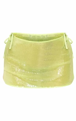 New PrettyLittleThing Sequin Sheer Tie Up Micro Mini Skirt Lime