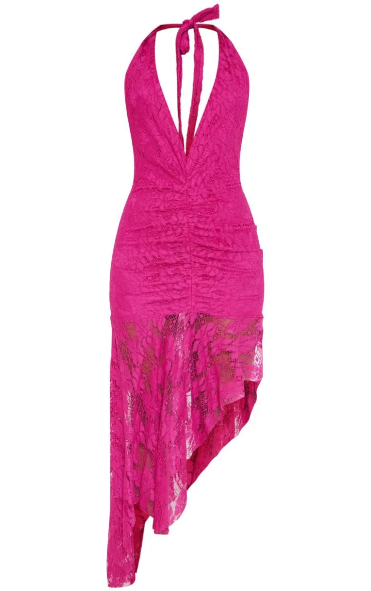 Lace Plunge Neck Ruched Asymmetric Hem Midi Dress-PrettyLittleThing Sale