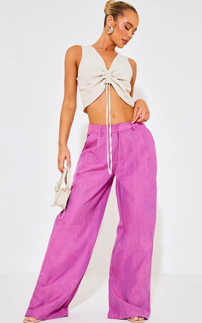 Magenta Woven Linen Feel Tailored High Waist Wide Leg Pants