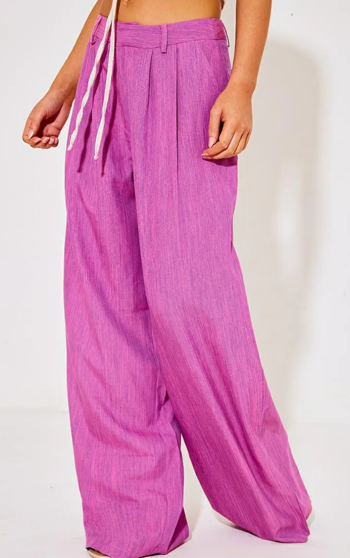 Magenta Woven Linen Feel Tailored High Waist Wide Leg Pants