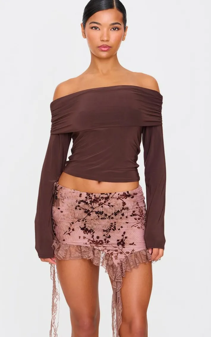 Maroon Floral Devore Lace Trim Hem Mini Skirt