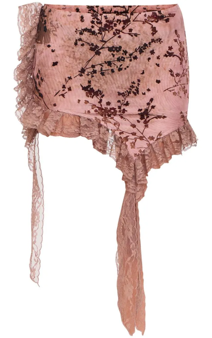 Maroon Floral Devore Lace Trim Hem Mini Skirt