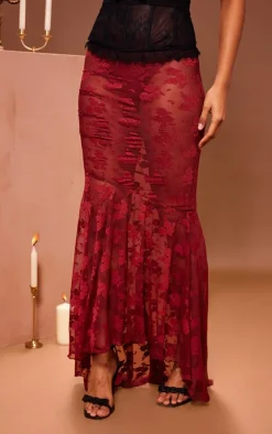 Maroon Floral Lace Ruffle Hem Maxi Skirt
