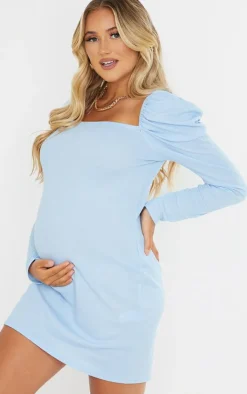 Maternity Puff Shoulder Long Sleeve Rib Mini Dress-PrettyLittleThing