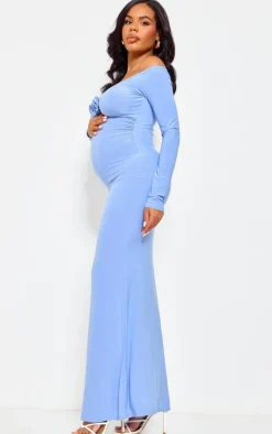 Maternity Slinky Corsage Detail Off The Shoulder Maxi Dress-PrettyLittleThing Outlet