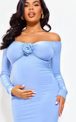 Maternity Slinky Corsage Detail Off The Shoulder Maxi Dress-PrettyLittleThing Outlet