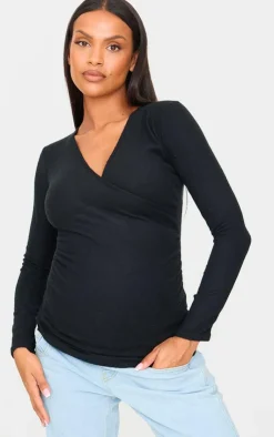 Best PrettyLittleThing Maternity Brushed Rib Ruched Top Black