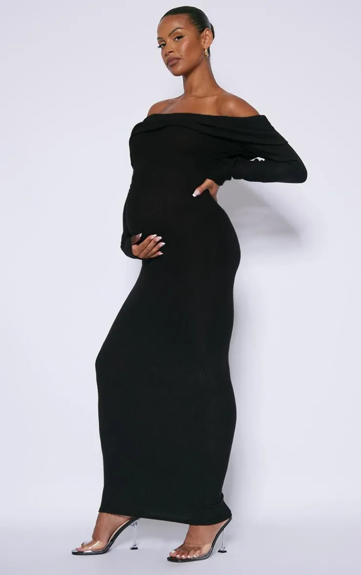 Maternity Brushed Rib Off The Shoulder Maxi Dress-PrettyLittleThing Sale