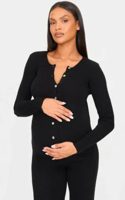 Clearance PrettyLittleThing Maternity Button Up Long Sleeve Rib Knit Top Black