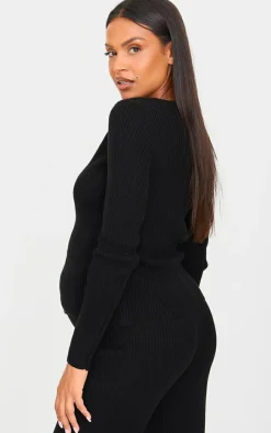 Clearance PrettyLittleThing Maternity Button Up Long Sleeve Rib Knit Top Black