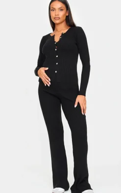 Clearance PrettyLittleThing Maternity Button Up Long Sleeve Rib Knit Top Black