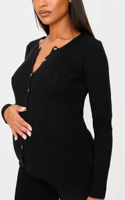 Clearance PrettyLittleThing Maternity Button Up Long Sleeve Rib Knit Top Black