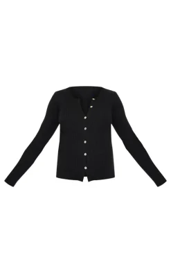 Clearance PrettyLittleThing Maternity Button Up Long Sleeve Rib Knit Top Black