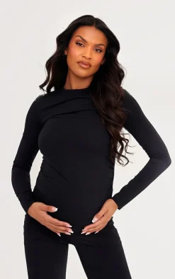 Clearance PrettyLittleThing Maternity Cotton Jersey Ruched Longline Top Black