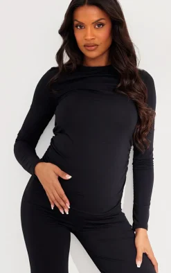 Clearance PrettyLittleThing Maternity Cotton Jersey Ruched Longline Top Black