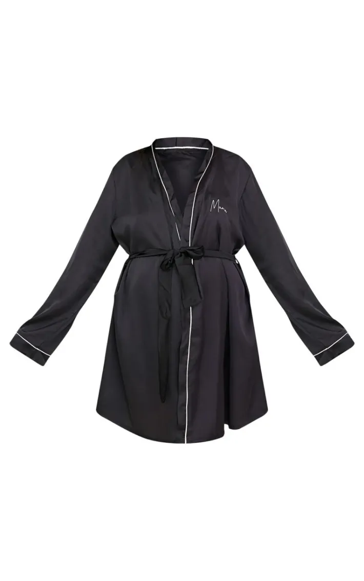 Maternity Black Embroidered Mama Satin Tie Waist Robe