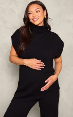 New PrettyLittleThing Maternity Knit Roll Neck Sleeveless Asymmetric Hem Top Black