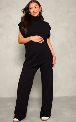 New PrettyLittleThing Maternity Knit Roll Neck Sleeveless Asymmetric Hem Top Black