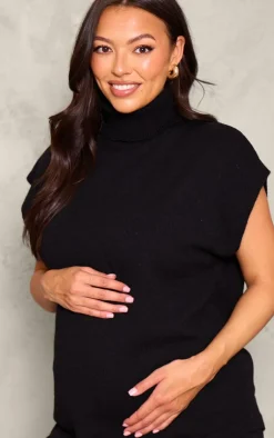 New PrettyLittleThing Maternity Knit Roll Neck Sleeveless Asymmetric Hem Top Black