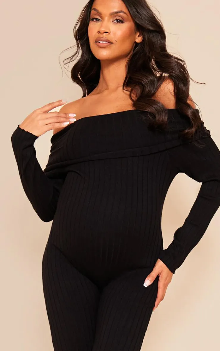 PrettyLittleThing Christmas Shop*Maternity Knitted Bardot Wide Leg Jumpsuit
