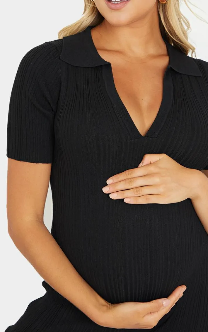 Maternity Black Knitted Rib Polo Short Sleeve Wide Leg Jumpsuit