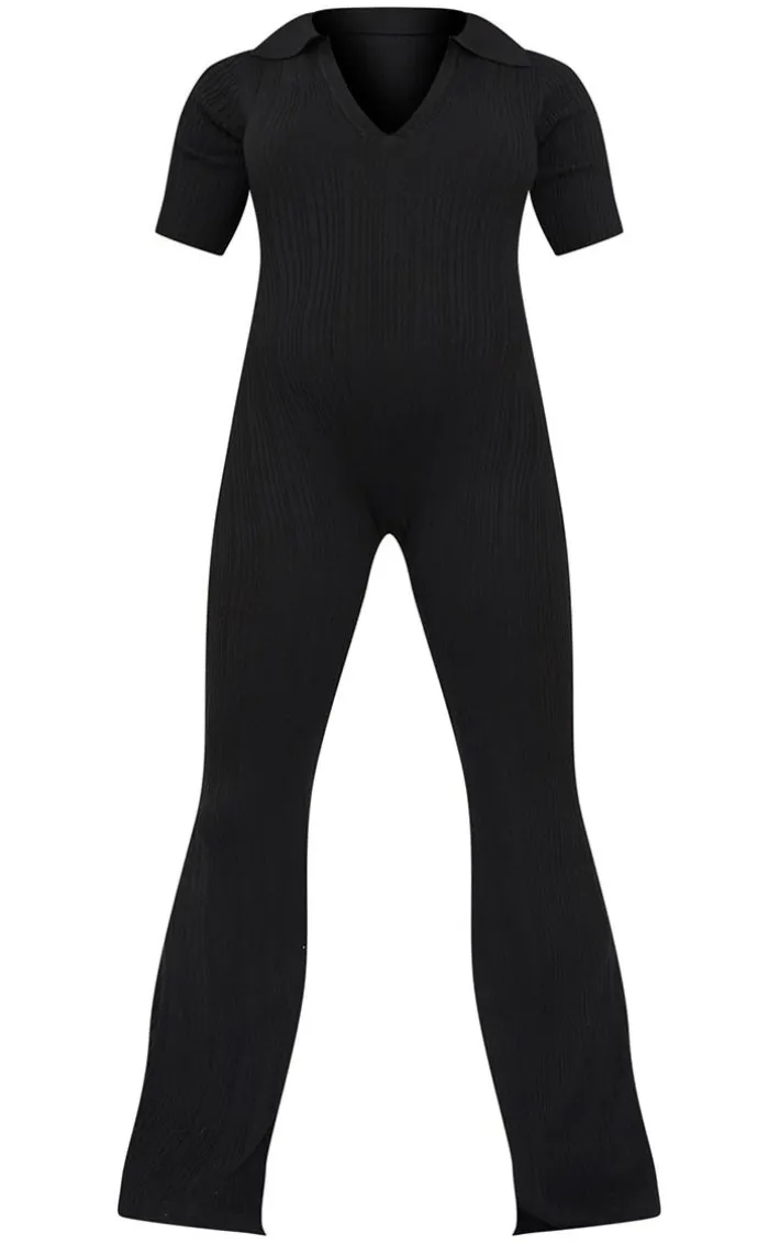 Maternity Black Knitted Rib Polo Short Sleeve Wide Leg Jumpsuit